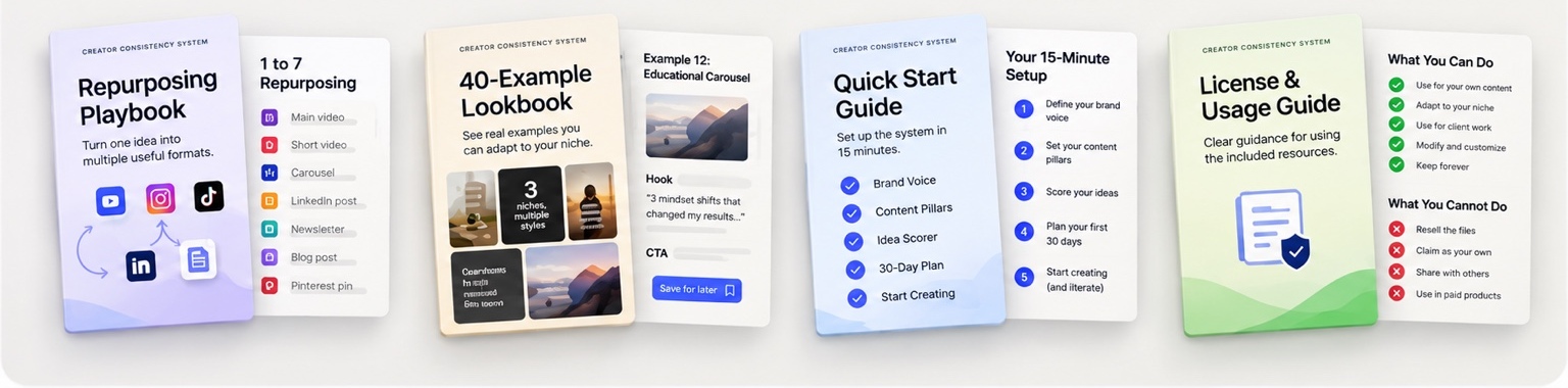 Four core guides: Repurposing Playbook, 40-Example Lookbook, 15-Minute Quick Start Guide, License & Usage Guide