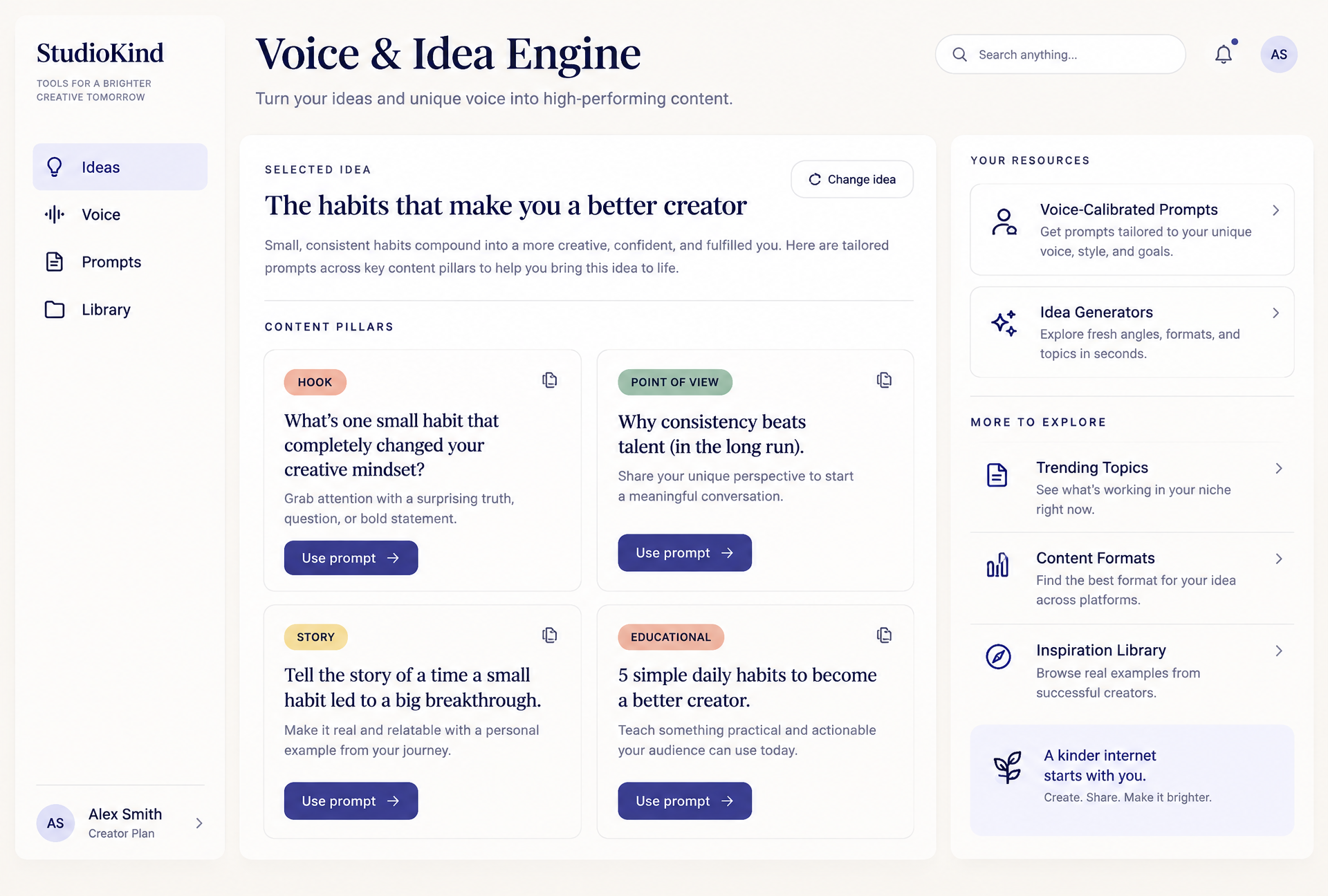 Brand voice and ideation pages with content pillars and idea prompts